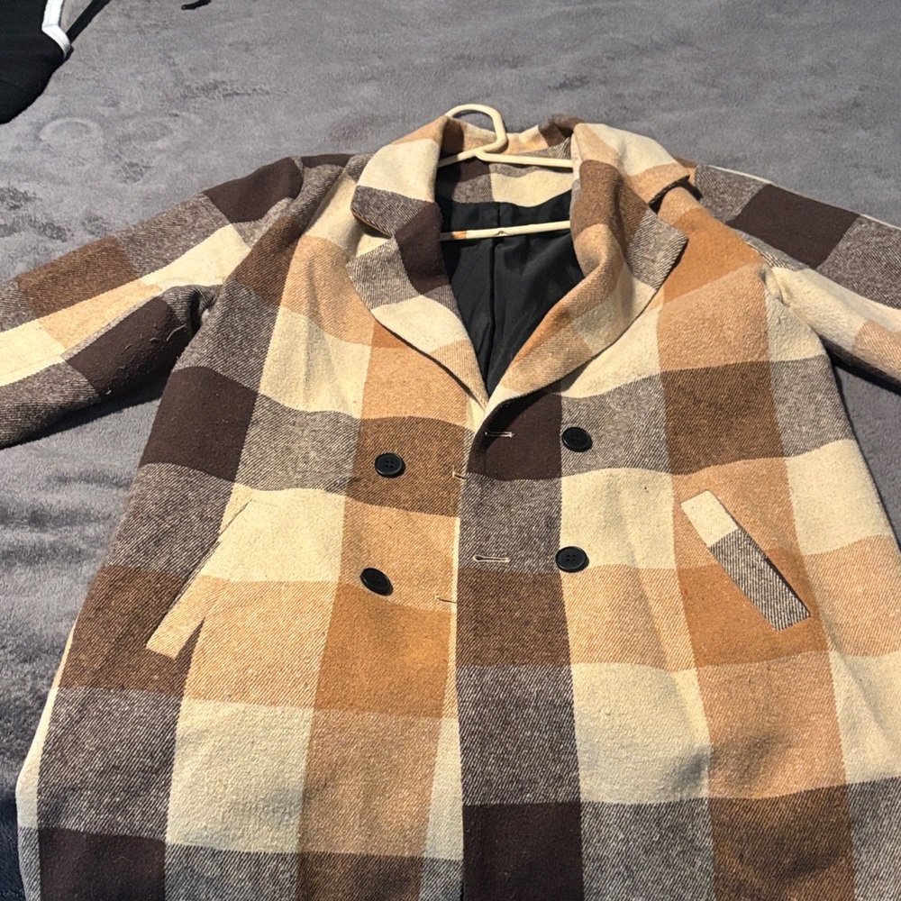 Men's Brown and Cream Plaid Wool-Blend Overcoat